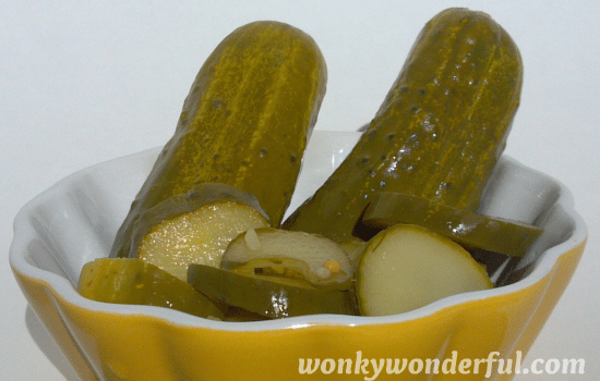 pickles in yellow and white bowl