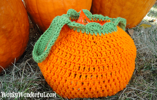 pumpkin crocheted bag sitting on the grass next to real pumpkins