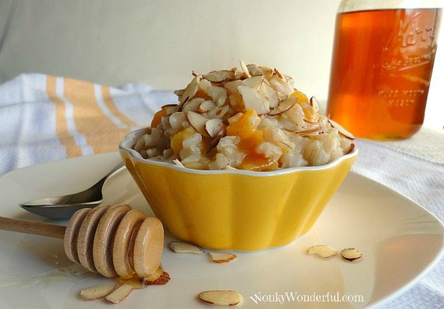 Brown Rice Pudding topped with apricots and almonds in yellow bowl, honey on the side
