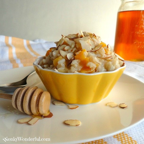 Brown Rice Pudding topped with apricots and almonds in yellow bowl, honey on the side