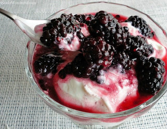 whole blackberries along with syrup over white yogurt with spoon scooping some out
