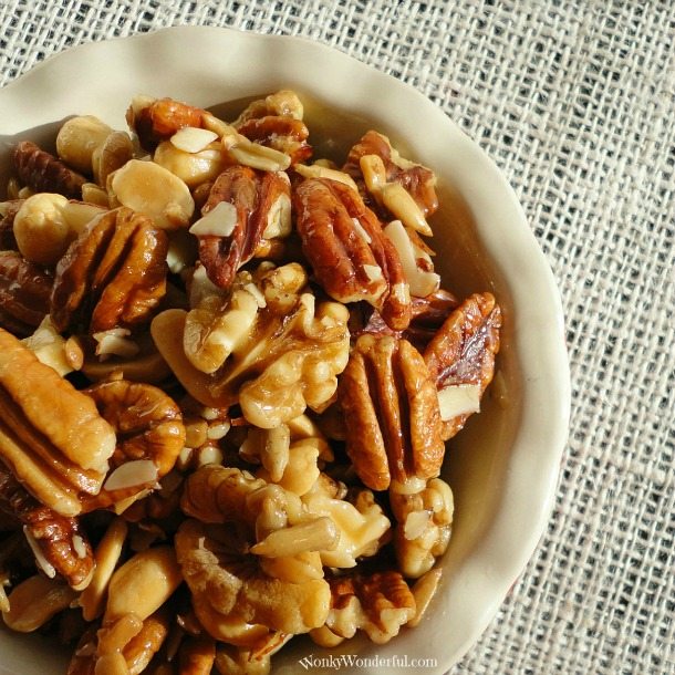 nut mix in cream colored dish
