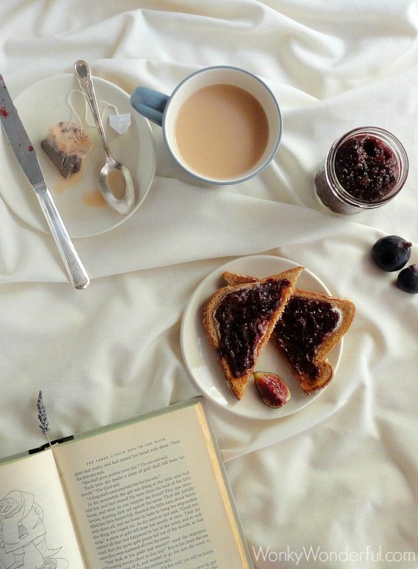 Clean Eating Recipe - Balsamic Fig Jam ::: wonkywonderful.com cup of tea, fig jam toast and book layer out on tablecloth