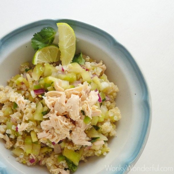 above view of quinoa and chicken with lime slices in white and blue bowl