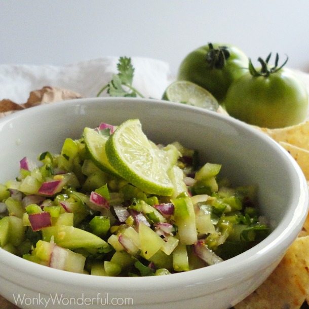 chunky green salsa in white bowl