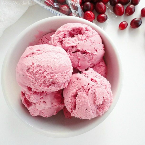 bright pink ice cream scoops in white bowl