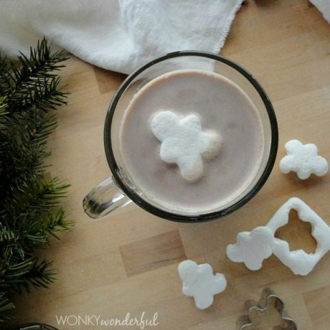 overhead view of cocoa in glass mug with gingerbread shaped marshmallow on top