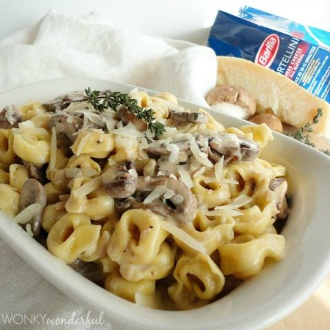 creamy tortellini in white dish with pasta package in background