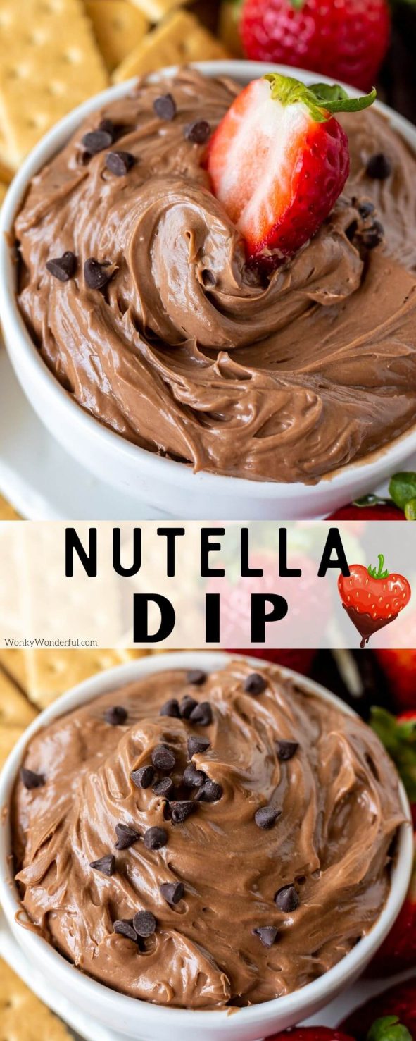 Use this Creamy Nutella Dip Recipe for a quick snack or dessert. Kids and adults will love this creamy, chocolaty fruit dip! It goes great with graham crackers, cookies, fruit and pretzels. #nutelladip #chocolatedip #nutellarecipes #valentinesdaydesserts nutella dip pinnable image with title text