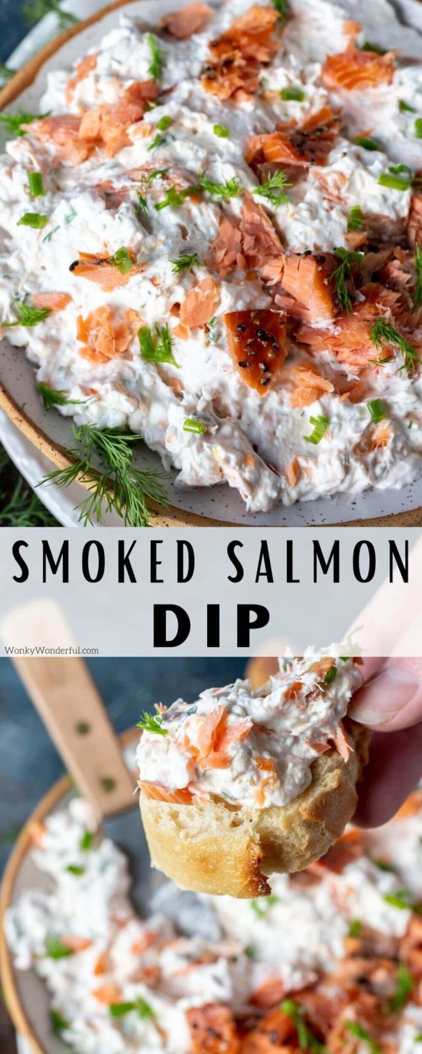 This Smoked Salmon Dip Recipe tastes fantastic and is super easy to make! It takes only a few minutes to whip up a batch of this dip for a last minute appetizer idea. #smokedsalmondip #diprecipes #appetizerrecipes smoked salmon dip pinnable image with title text