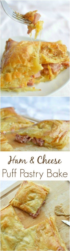 Ham and Cheese Puff Pastry Bake  pinnable photo collage with recipe title text