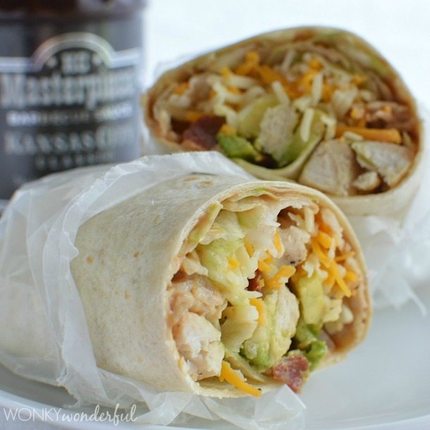 chicken wraps with bottle of barbecue sauce in background