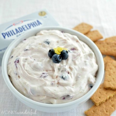 creamy dip topped with blueberries in white bowl next to graham crackers and cream cheese package