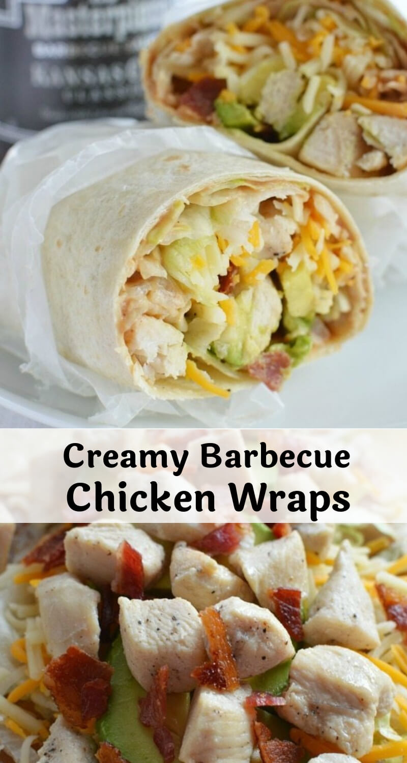This Creamy Barbecue Chicken Wrap is stuffed full of fresh ingredients and slathered with creamy barbecue sauce. Perfect for meal prep, work lunch or even a quick dinner recipe. barbecue chicken wrap recipe photo collage
