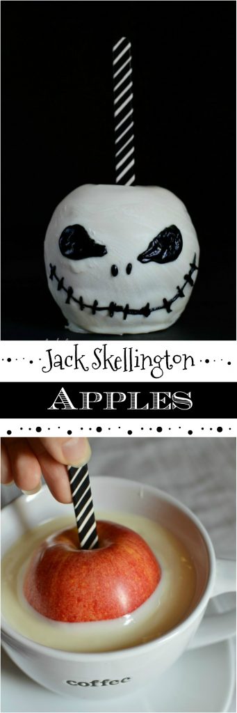 Jack Skellington Chocolate Covered Apples  pinnable photo collage with recipe title text