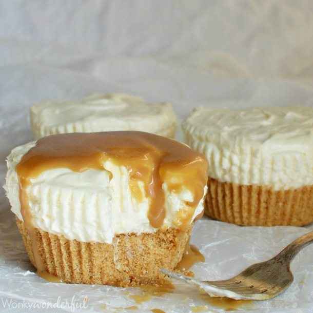 mini cheesecakes topped with caramel