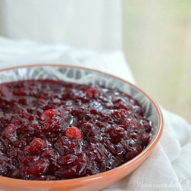 burgundy colored chunky cranberry sauce in bowl