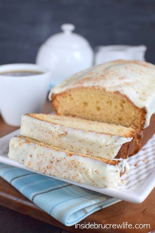 light colored loaf topped with white glaze