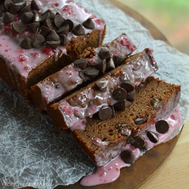 sliced chocolate loaf with pink glaze