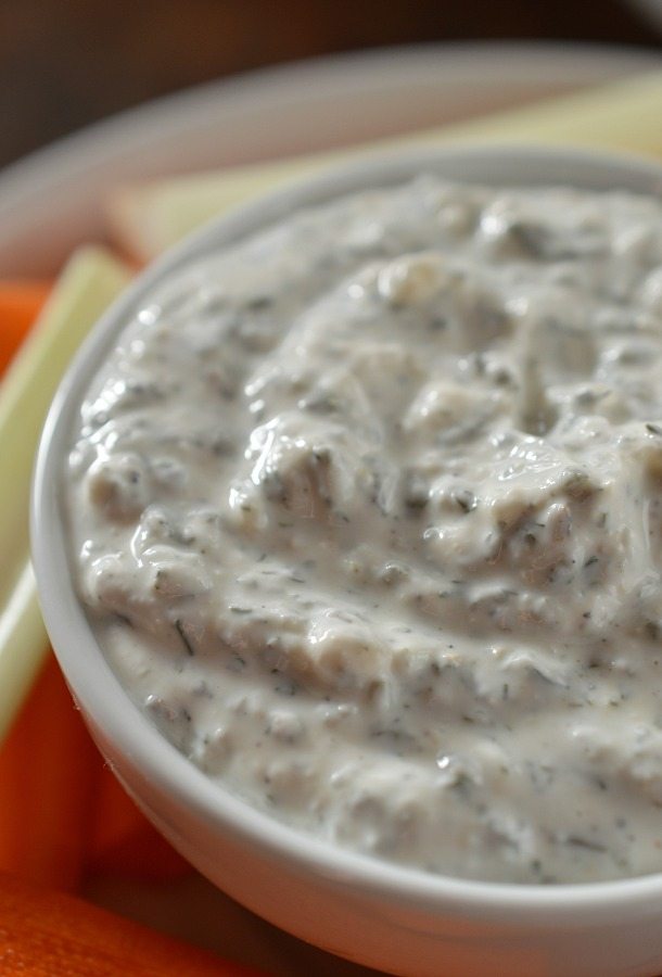 creamy white dip in white bowl