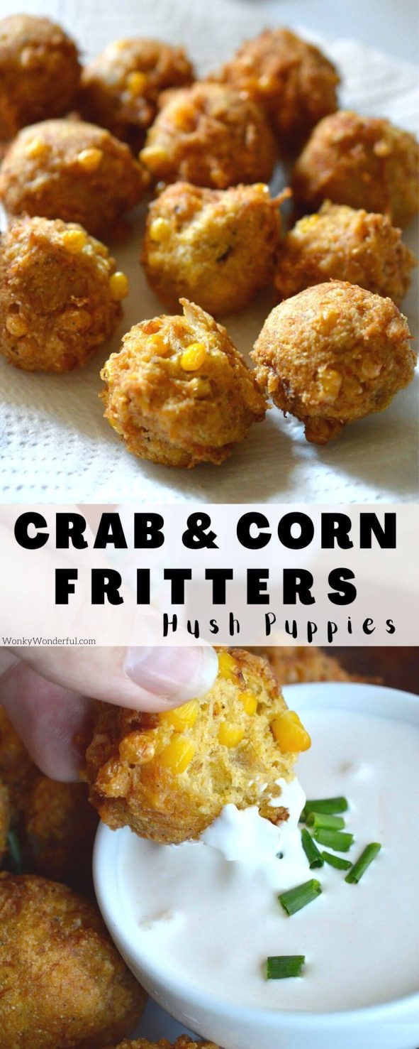 crab corn fritters recipe pinnable image with title text