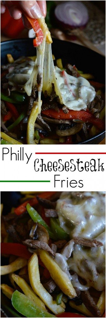 Philly Cheese Steak Fries Recipe. All of the delicious flavors of a Philly Cheesesteak Sandwich served over crisp french fries! Peppers, Mushrooms, Cheese and Steak. This makes a great party food or dinner!