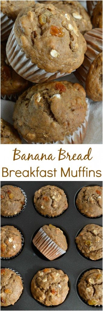 Banana Bread Breakfast Muffins Recipe - Banana, Oats and Raisins make these muffins the perfect start to your day!