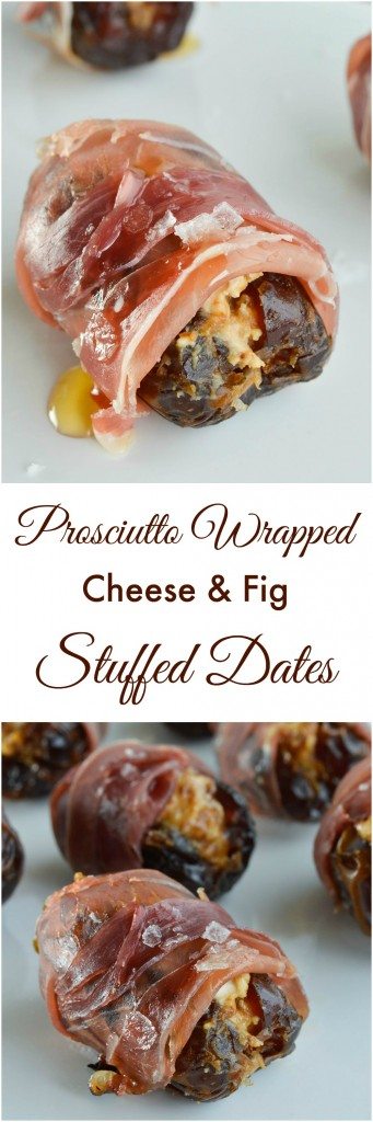 Prosciutto Wrapped Dates Stuffed with Goat Cheese and Fig Butter make the perfect hors d'oeuvres. Serve with a drizzle of honey and sprinkle of salt for the ultimate salty sweet appetizer recipe!