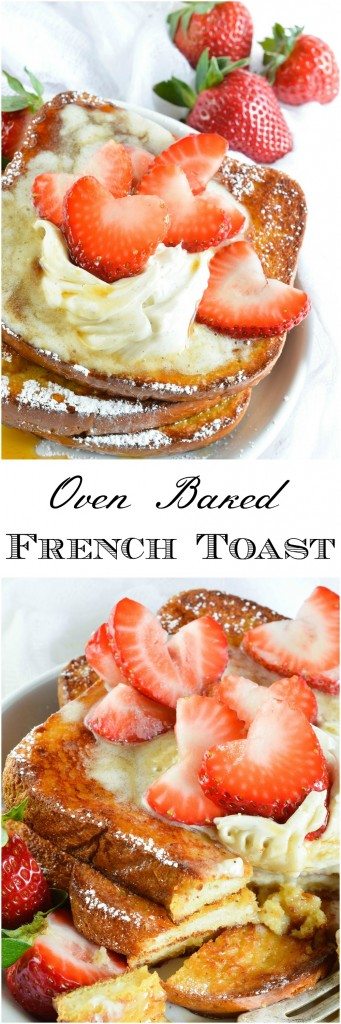 This Easy Baked French Toast Recipe is perfect for serving a crowd! Serve up this French Toast with Vanilla Mascarpone, Maple Syrup and Fresh Strawberries for the ultimate special occasion breakfast or brunch.