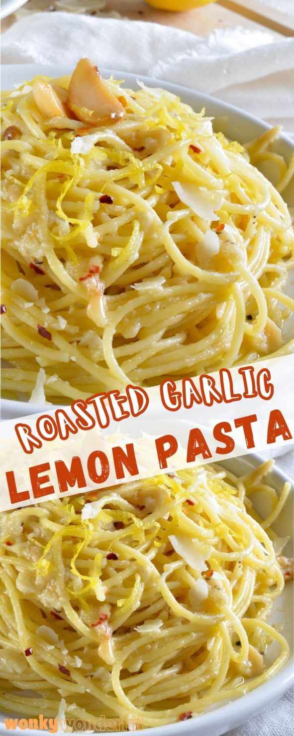lemon roasted garlic pasta pinnable image