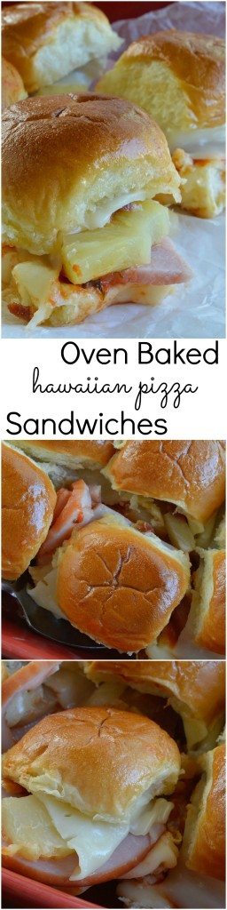 Oven Baked Hawaiian Pizza Sandwiches! Melty Cheese, Canadian Bacon, Pineapple, Bacon Crumbles and Pizza Sauce Baked on Soft Bread Rolls!