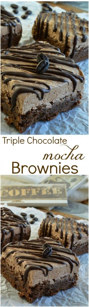 Triple Chocolate Mocha Brownies are the perfect chocolate dessert! Fudgy chocolate brownies spiked with espresso powder then topped with mocha chocolate buttercream frosting and dark chocolate drizzle! Great for anyone that loves chocolate and coffee!