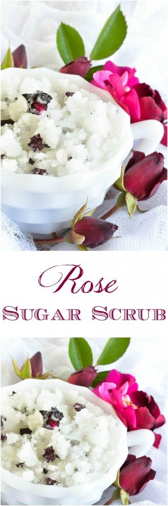 Rose Scented DIY Body Scrub Recipe - This homemade sugar scrub has a delicate rose smell and real rose petals. The perfect gift for Mom. Or give the wife a luxurious spa day at home!