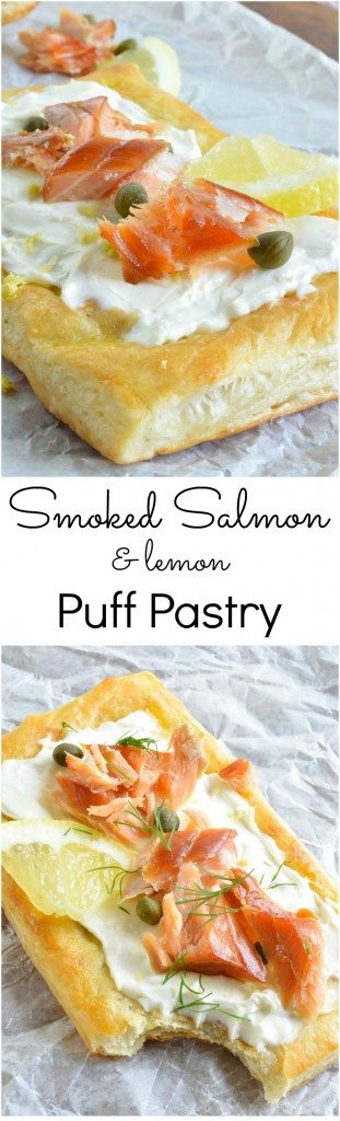 This Easy Smoked Salmon Appetizer Recipe begins with flaky puff pastry, topped with cream cheese, smoked salmon, lemon, capers and fresh dill. Perfect for an appetizer or breakfast!