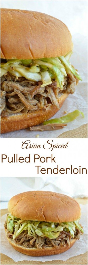 Chinese Five Spice Slow Cooker Pulled Pork Recipe - These Asian Spiced Pulled Pork Sandwiches are topped with marinated cabbage slaw, sesame seeds and served on a soft bun. These are made with pork tenderloin and great for a weeknight crockpot dinner!
