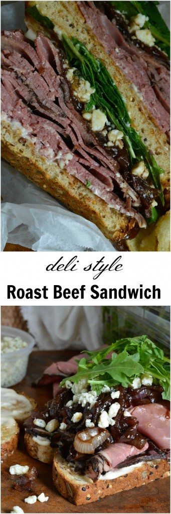 This Deli Style Roast Beef Sandwich is the best kind of lunch! Easy, delicious and flavorful. Deli roast beef, gorgonzola cheese, fresh greens and balsamic caramelized onions make this an amazing sandwich recipe!