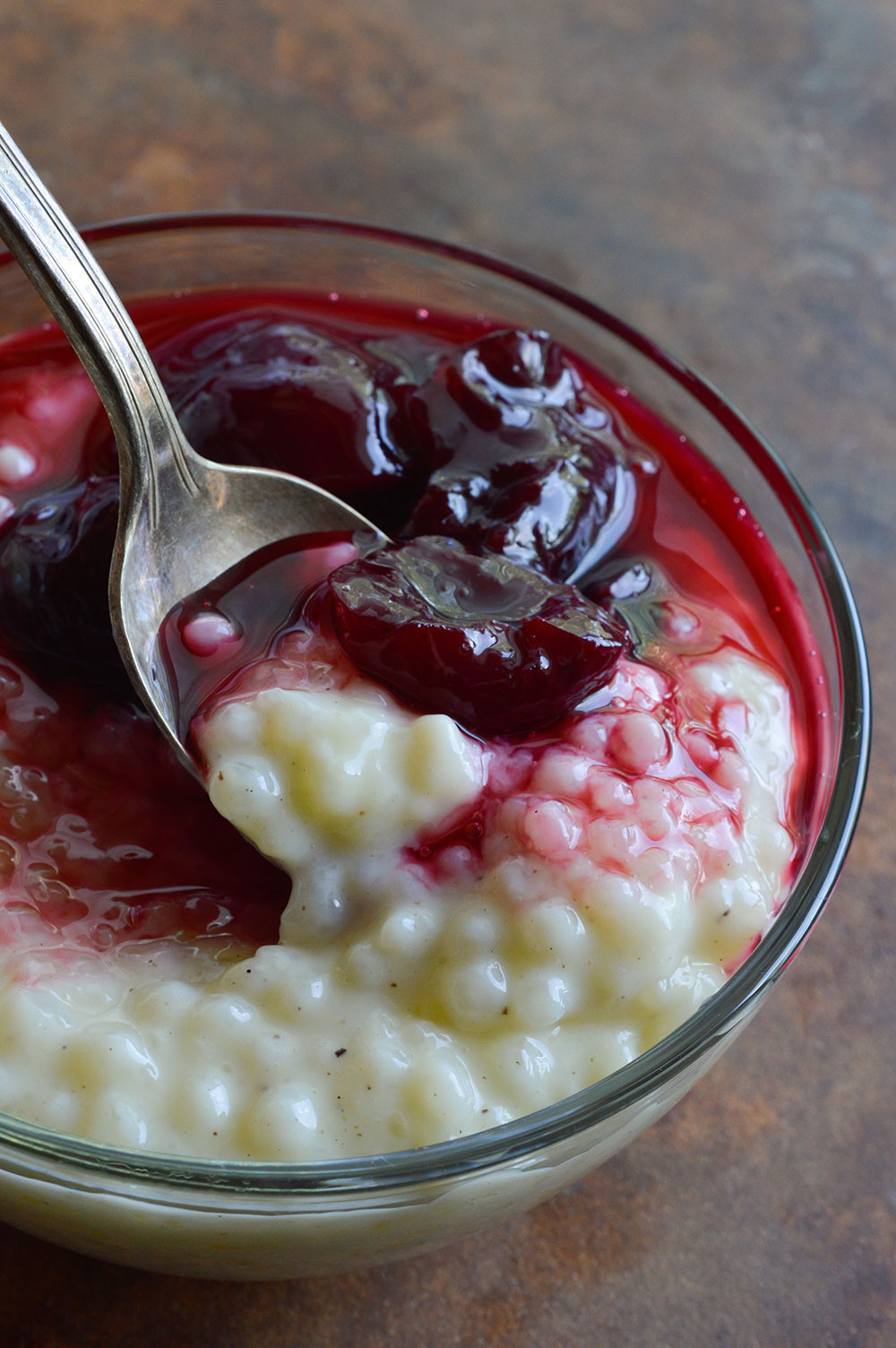 cherry syrup over tapioca pudding