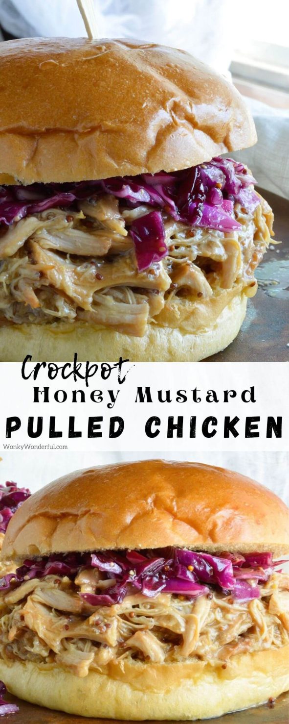 Slow Cooker Honey Mustard Shredded Chicken Sandwich Recipe - This easy dinner is made in your crockpot with just 4 ingredients! A pulled chicken sandwich with sweet and tangy honey mustard flavor! #chickensandwich #crockpotrecipes #slowcookerrecipes shredded chicken sandwich pinnable image with title text