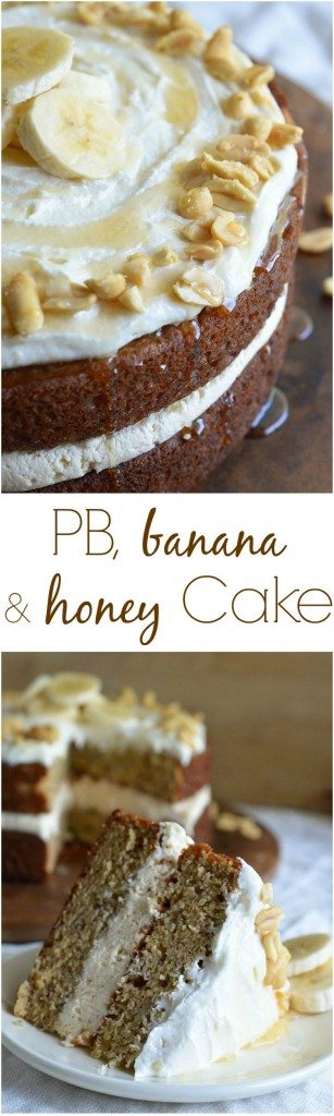 Banana Layer Cake with Peanut Butter and Honey Frosting. This fun and easy naked layer cake will take you back to your childhood! The perfect blend of peanut butter, honey and banana in one impressive dessert recipe!