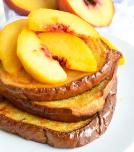 Dairy Free Oven Baked French Toast with Fresh Peaches and Cream! This easy breakfast recipe is full of flavor!