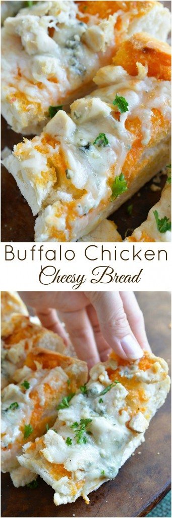 Buffalo Chicken Cheesy Bread is an easy and flavorful game day appetizer! Buffalo wing sauce, chicken and blue cheese come together in this hot, melty cheesy bread recipe.
