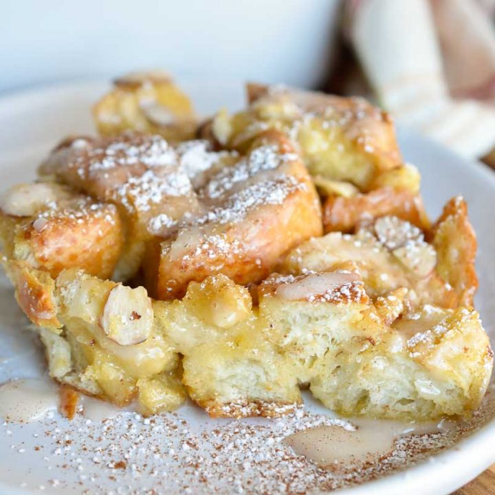 This Dairy Free Egg Nog French Toast Casserole with egg nog glaze is perfect for feeding a crowd this holiday season!