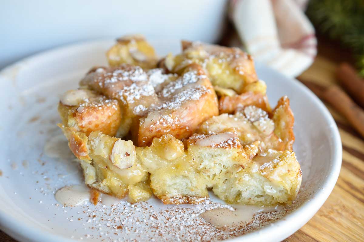This Dairy Free Egg Nog French Toast Casserole with egg nog glaze is perfect for feeding a crowd this holiday season!