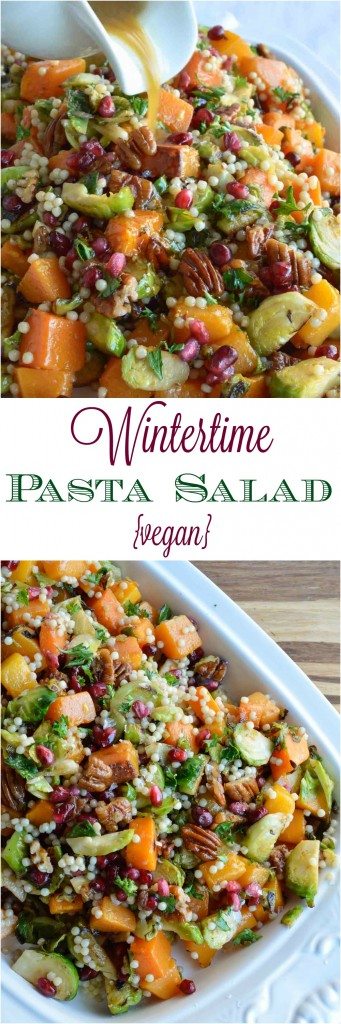 Butternut Squash Pasta Salad is a healthy holiday side dish! This vegan recipe is full of fresh winter produce: butternut squash, brussels sprouts, pomegranate seeds, pecans and pasta. All topped with fresh orange and maple dijon vinaigrette!