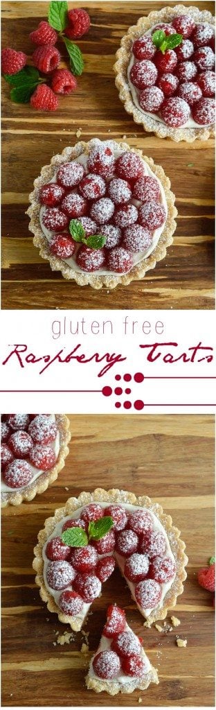 This Gluten Free Raspberry Tart Recipe will complete any holiday meal! A buttery gf tart crust filled with whipped vanilla cheesecake and topped with fresh raspberries. An easy, festive and delicious holiday dessert!