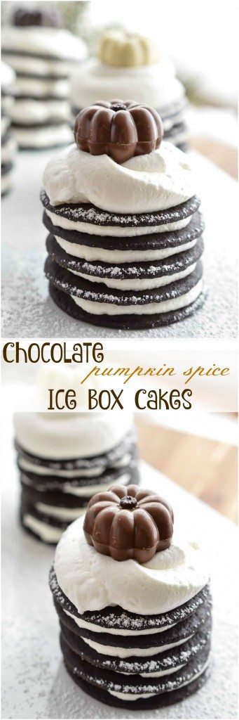 For the perfect Thanksgiving dessert make these Chocolate Pumpkin Spice Ice Box Cakes with wafers and whipped cream. This easy, make ahead recipe will be a holiday hit!