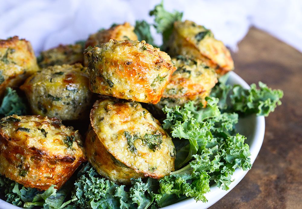 Kale and Quinoa Bites are a great healthy snack! This vegetarian recipe is gluten free and packed with nutritious ingredients!