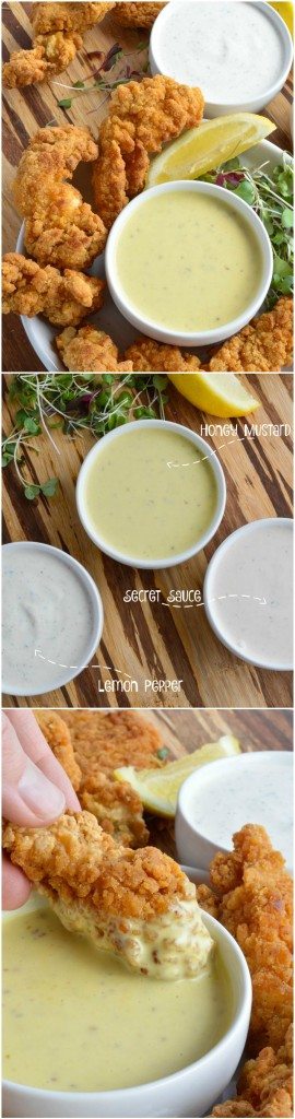 These 3 Unique Dip Recipes are perfect for your game day party spread! Serve these delicious breaded chicken strips with Creamy Lemon Pepper Dip, Honey Mustard Sauce and my Secret Fry Sauce for a guaranteed crowd pleaser!