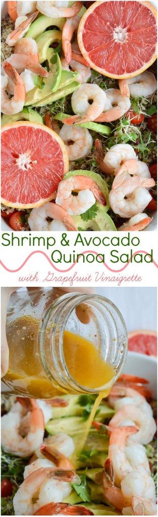 Shrimp Avocado Salad with Quinoa and Grapefruit Dressing is a bright, flavorful and healthy recipe! A simple salad made with boiled shrimp, avocados, tomatoes, quinoa, micro greens and homemade grapefruit vinaigrette.