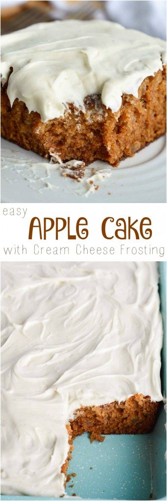 This Easy Apple Cake Recipe is the perfect dessert for feeding a crowd. This apple sheet cake is made with apple pie filling and topped with a luscious vanilla cream cheese frosting. Perfect for holidays, parties, potlucks or brunch!